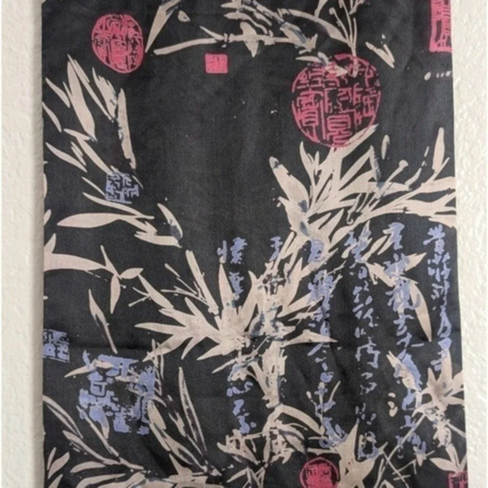 Vintage Y2K 90s Boho Eccentric Eastern Asia Print Tassel Fringe Satin Silk Scarf